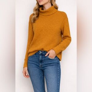 J Crew Point Sur Merino Wool Alpaca Mustard Turtleneck Sweater Size L Cozy Layer
